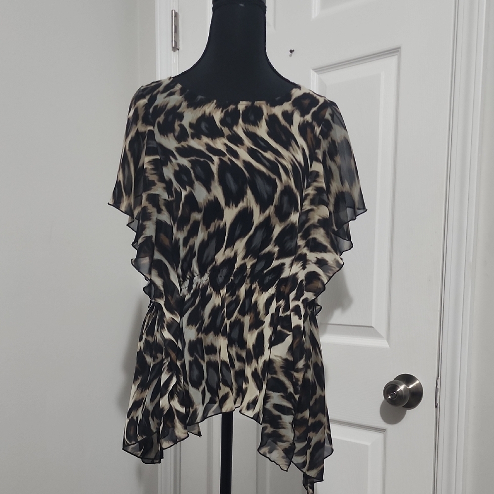 Black and Tan Asymmetrical Flutter Sleeve Blouse